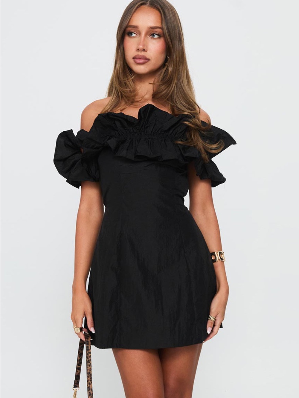 Princess Polly Black Off-Shoulder Ruffle Rozetta Frill Neck Mini Dress